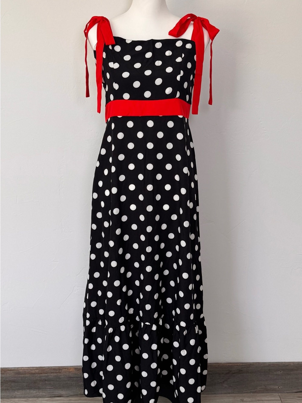 SHEIN Black White Polka Dot Maxi Dress Red Tie Straps Tiered Side Zip Size Large